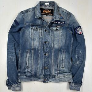 SUPERDRY Men's Rogue Patch Trucker Jacket Small Jeans Blue Copper Black Denim